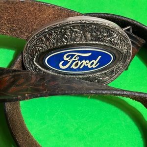 Vintage Ford Tooled Leather Belt with Logo Buckle Thaddeus Engraved